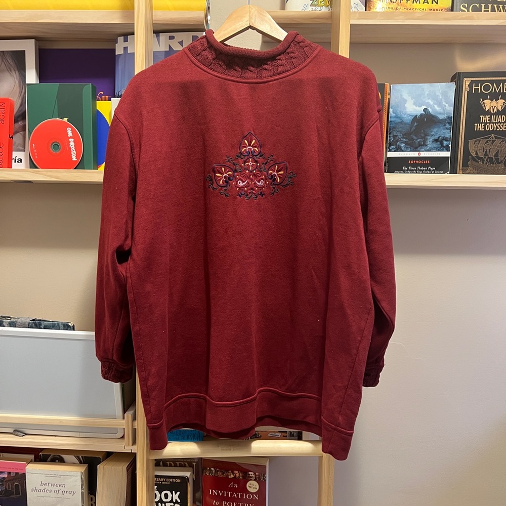 Burgundy Sweater with Knitted Neck and Cuffs and Embroidery